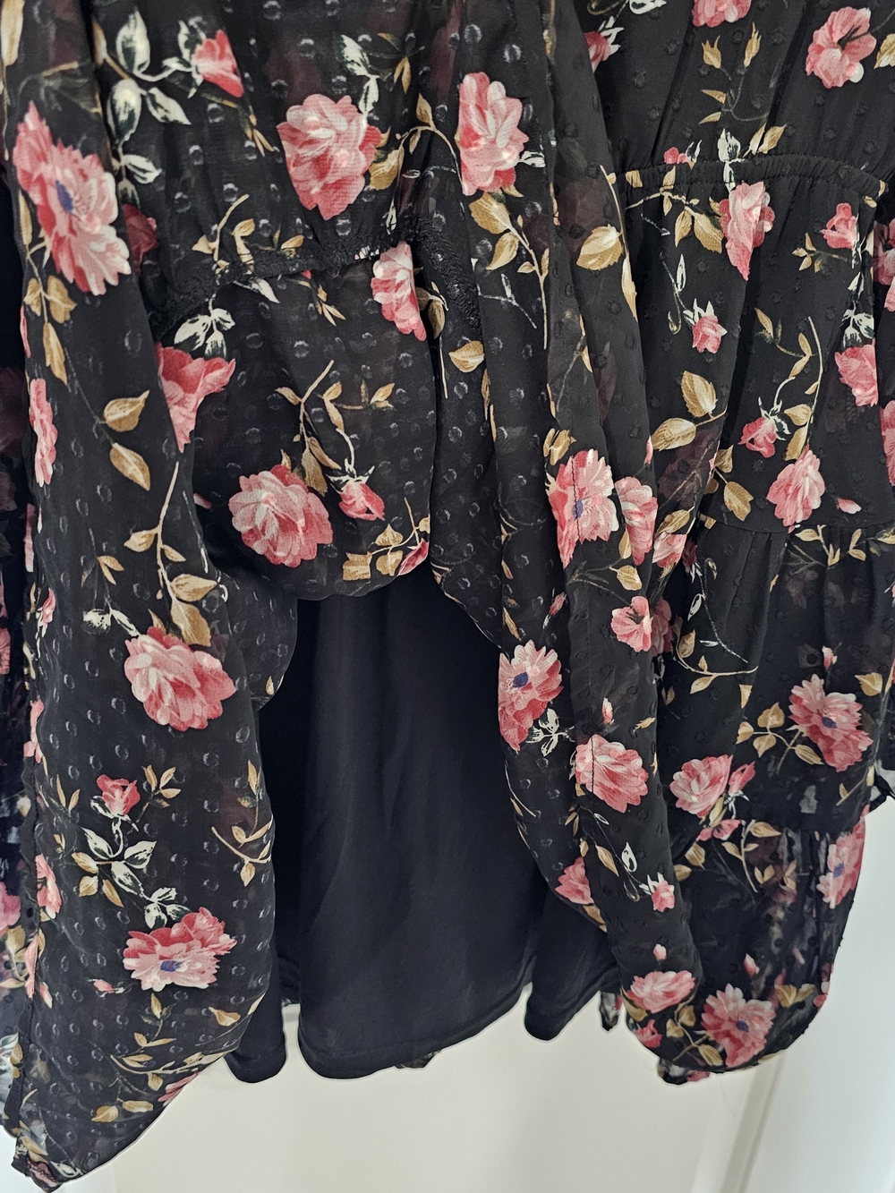 Black Floral V-Neck Tunic Dress with Pink Roses - Picture 5 of 5